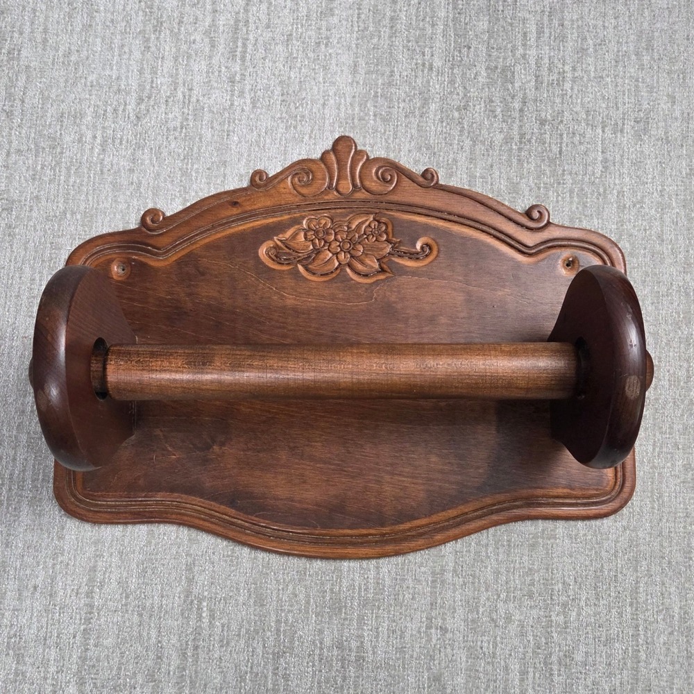 Vintage Hand Carved Floral Wood Wall Mount Paper Towel Holder Farmhouse Decor